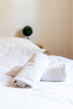 Una cama bien hecha con dos toallas enrolladas y una pequeña planta en maceta al fondo.