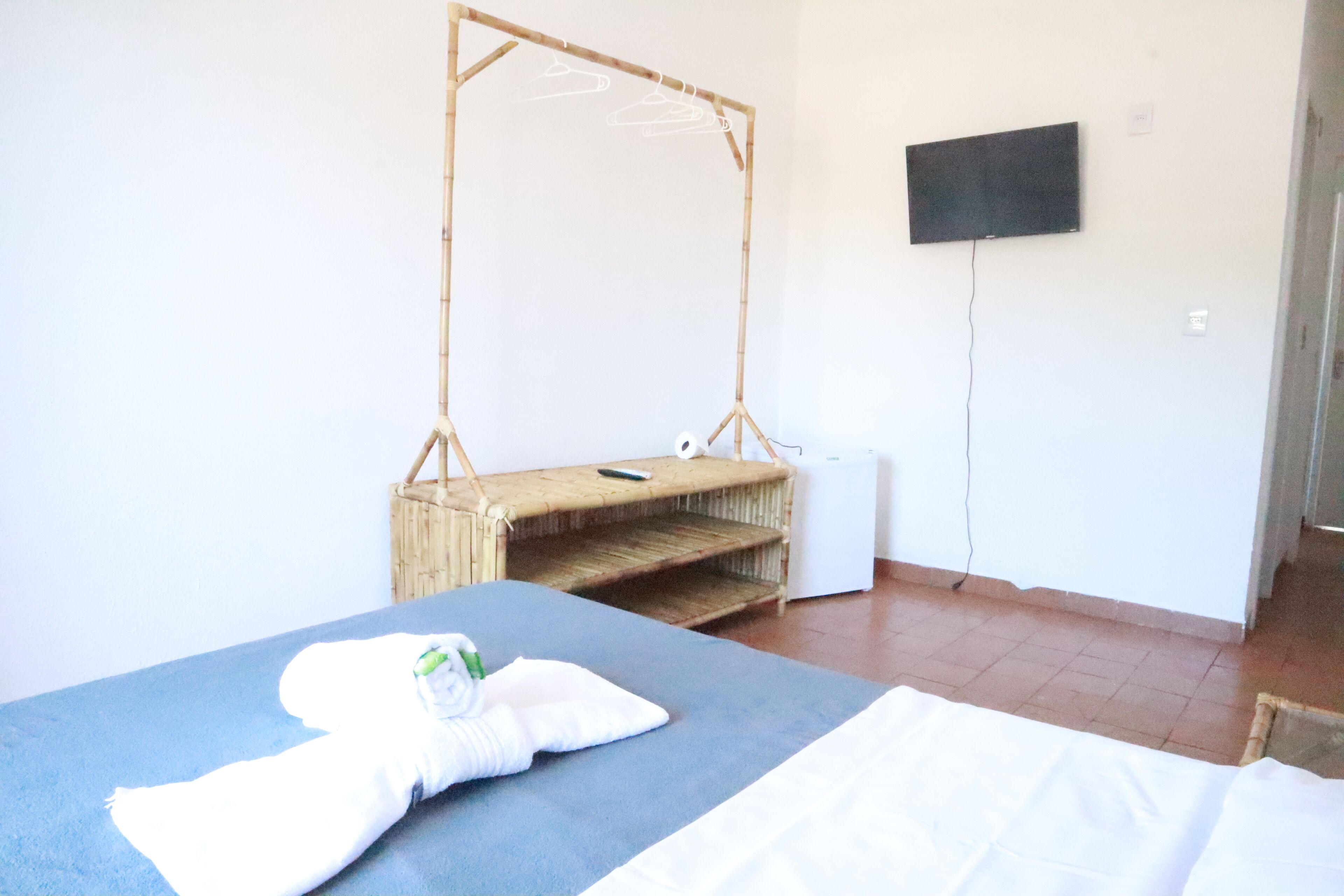 A room with a bed, a hanging chair, a television, and a small table.
