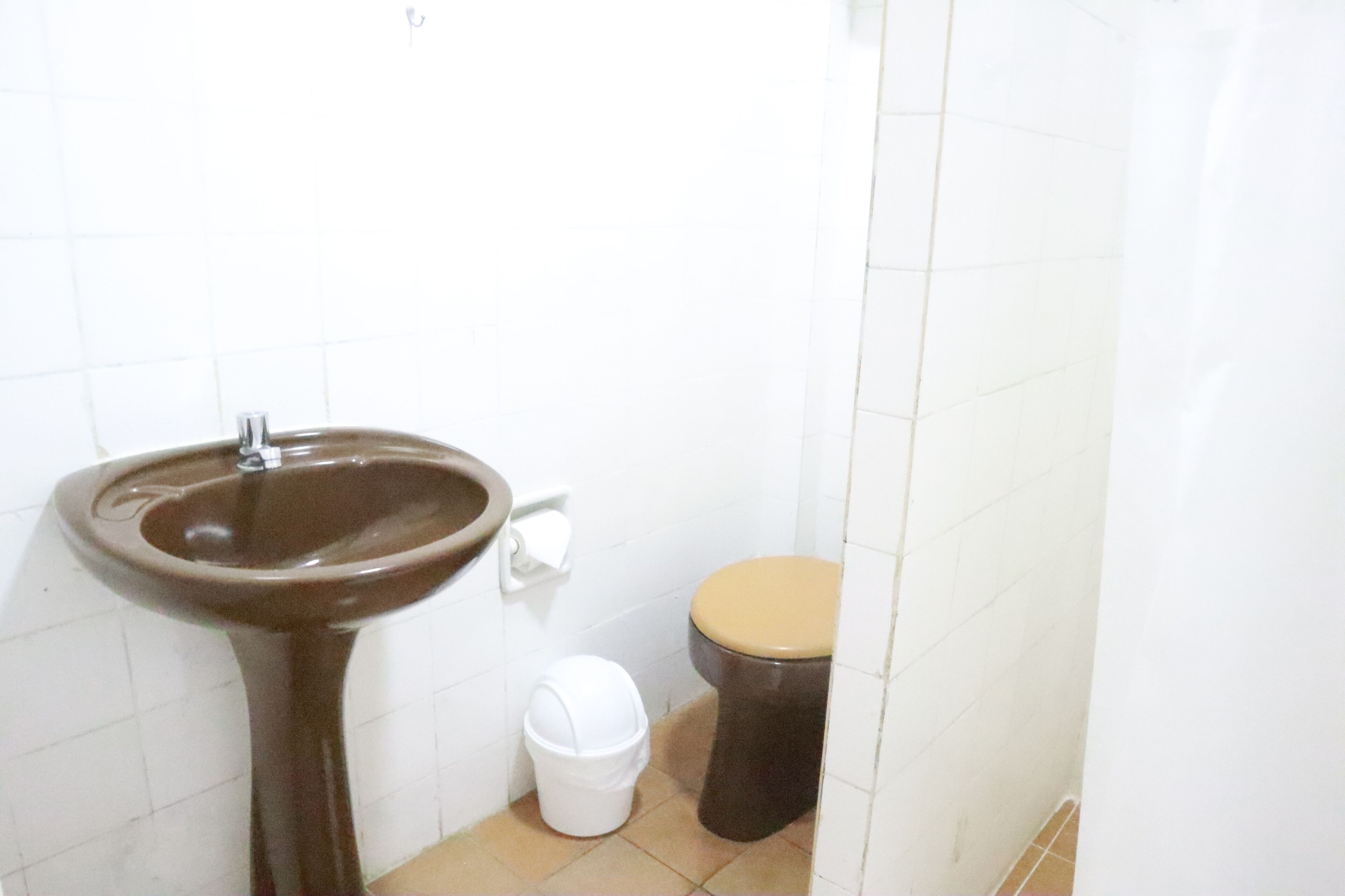 Un bagno con un lavandino marrone, un water bianco e un catino.