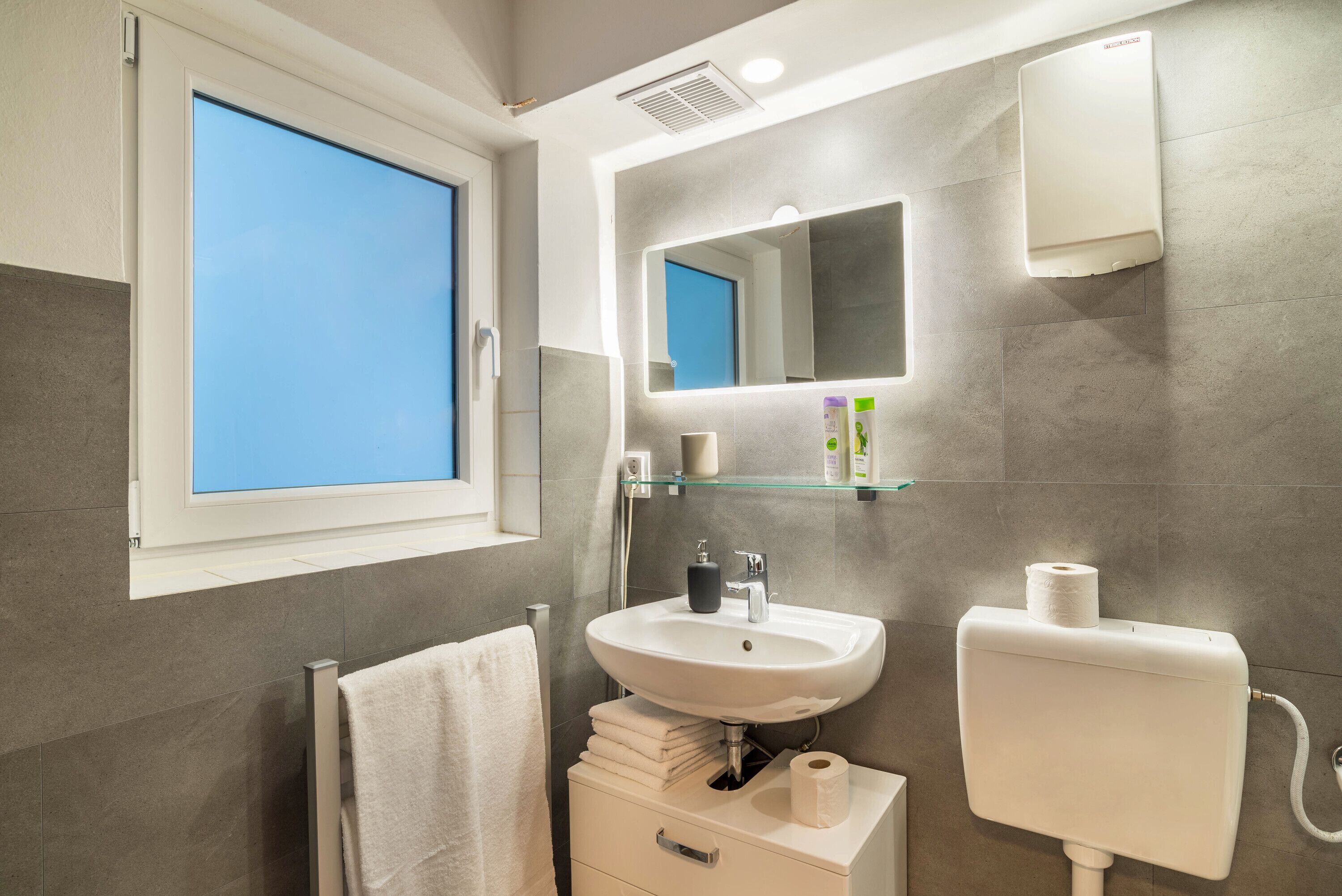 Badewanne, Haartrockner, Handtücher