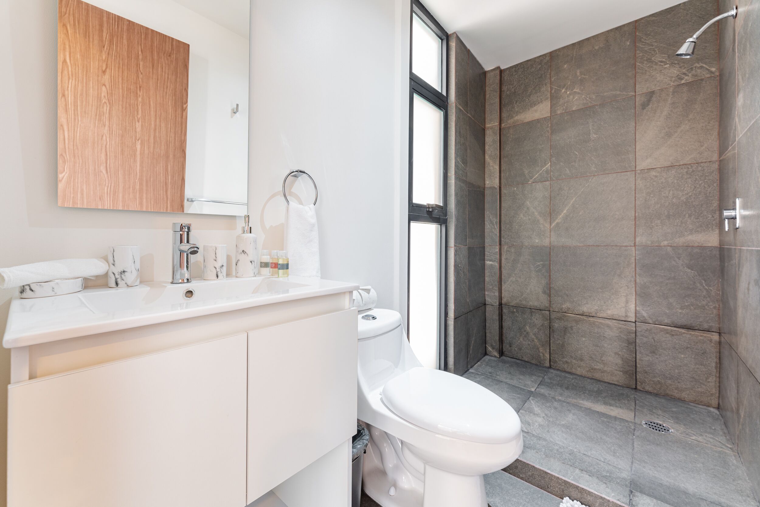 A modern bathroom with a white vanity, a toilet, and a shower area with dark tiles.