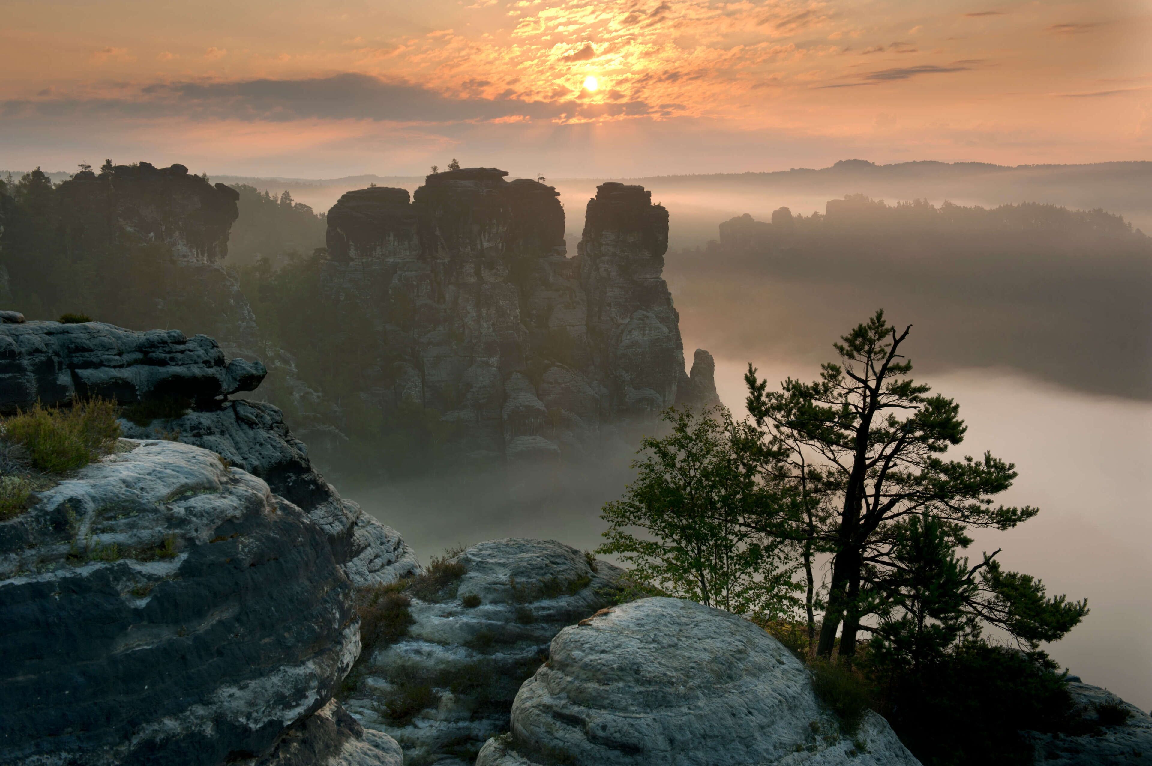 A natural landscape with rock formations and a tree.