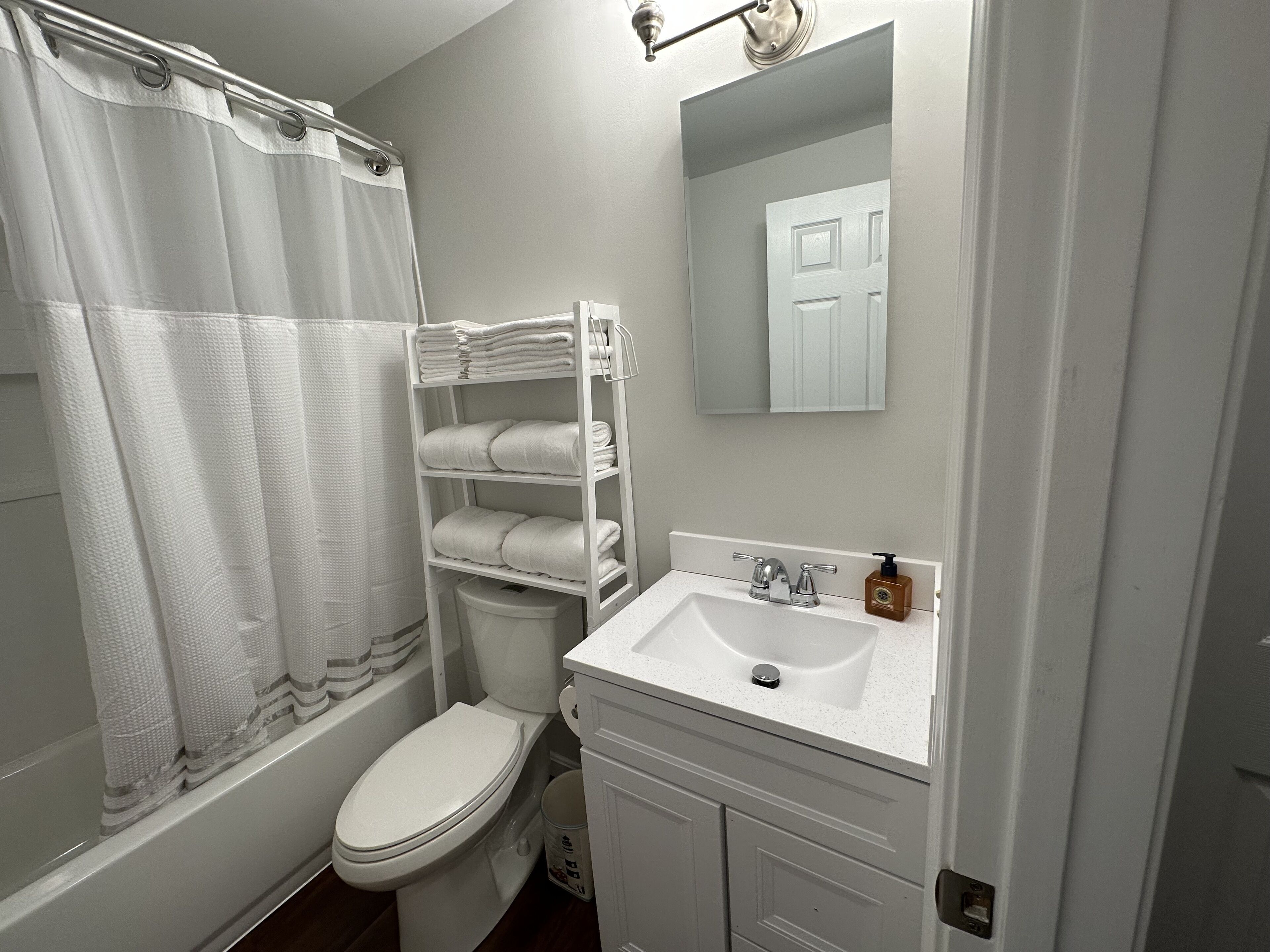 Hair dryer, towels, soap, shampoo