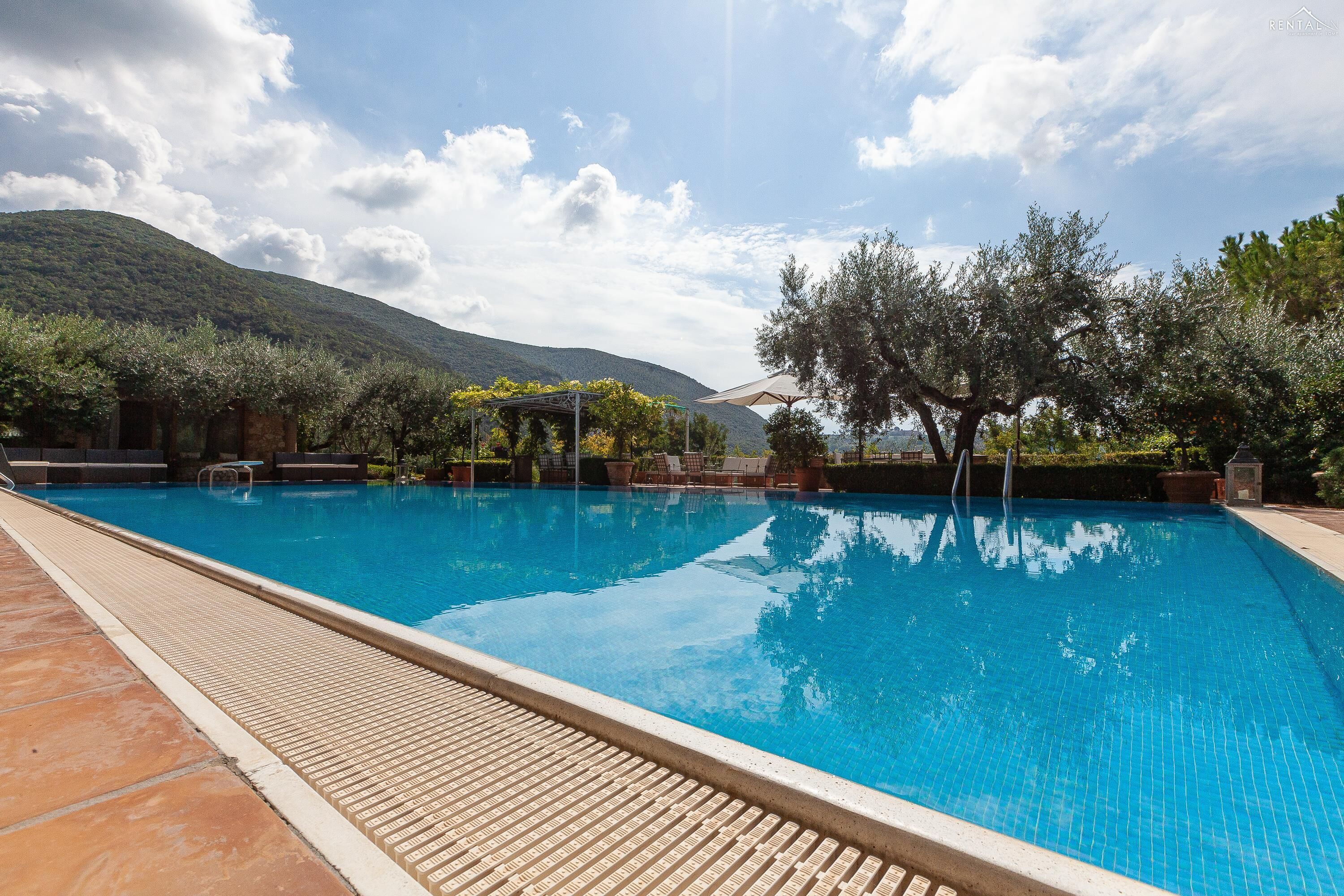 A swimming pool with a tiled deck, surrounded by trees and a mountain in the background.