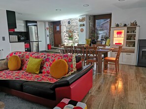 Smart TV, fireplace, table football, books
