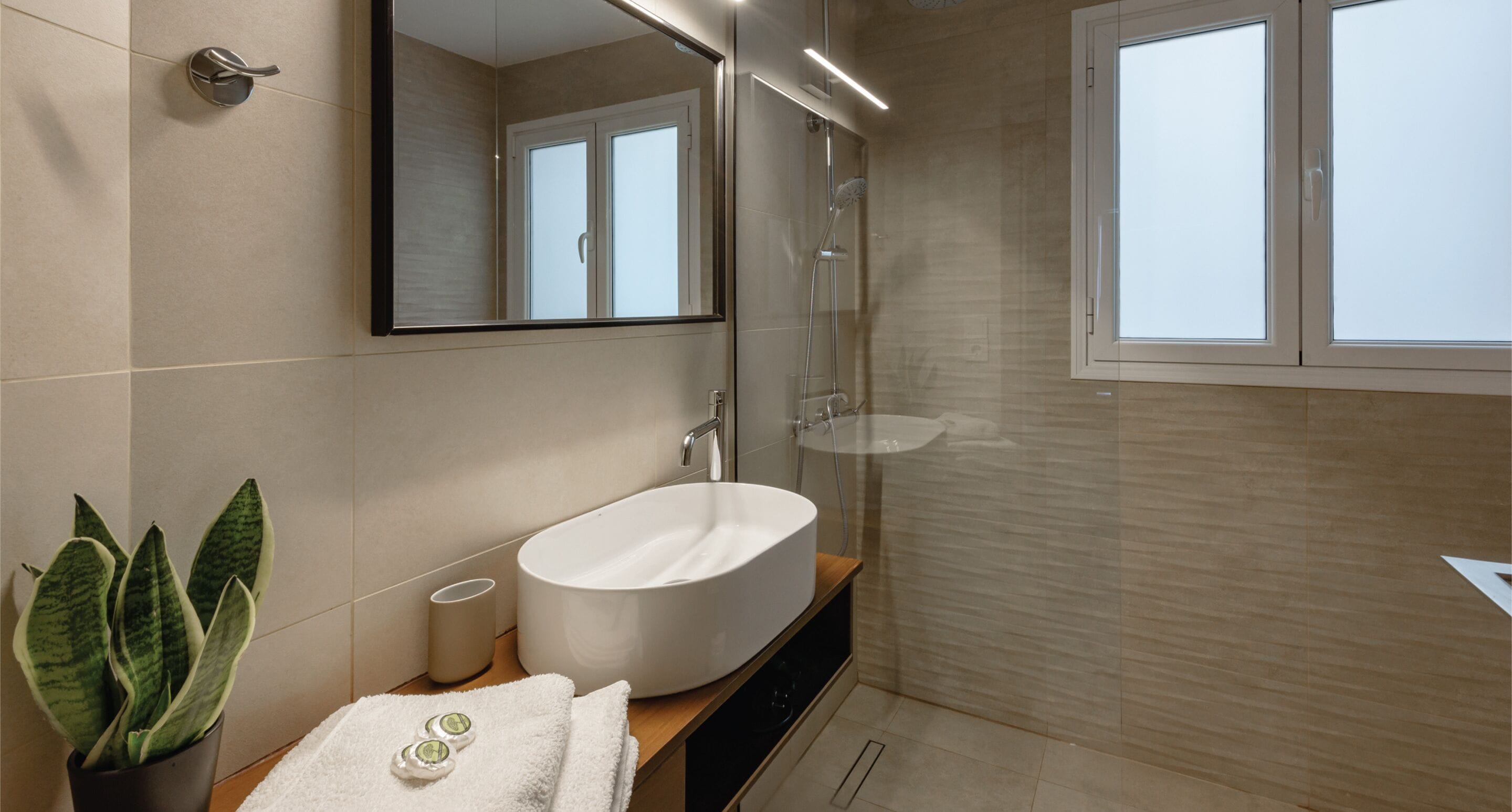 Une salle de bain moderne avec un grand lavabo ovale, un miroir, une douche et une plante en pot.