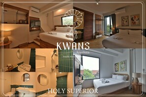 A hotel room with a bed, a bathroom with a sink and mirror, and a view of greenery outside. - KWANS Ayutthaya (Ayutthaya)