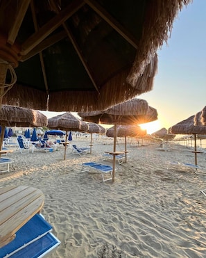 Private beach, white sand, beach umbrellas