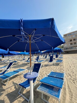 Private beach, white sand, beach umbrellas