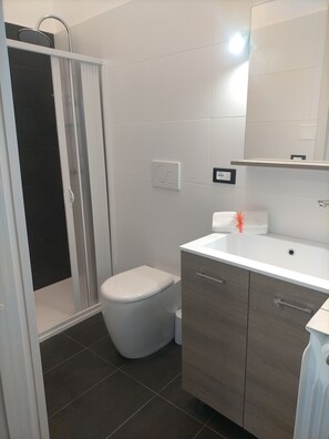 Douche, baignoire à jets, bidet, serviettes fournies
