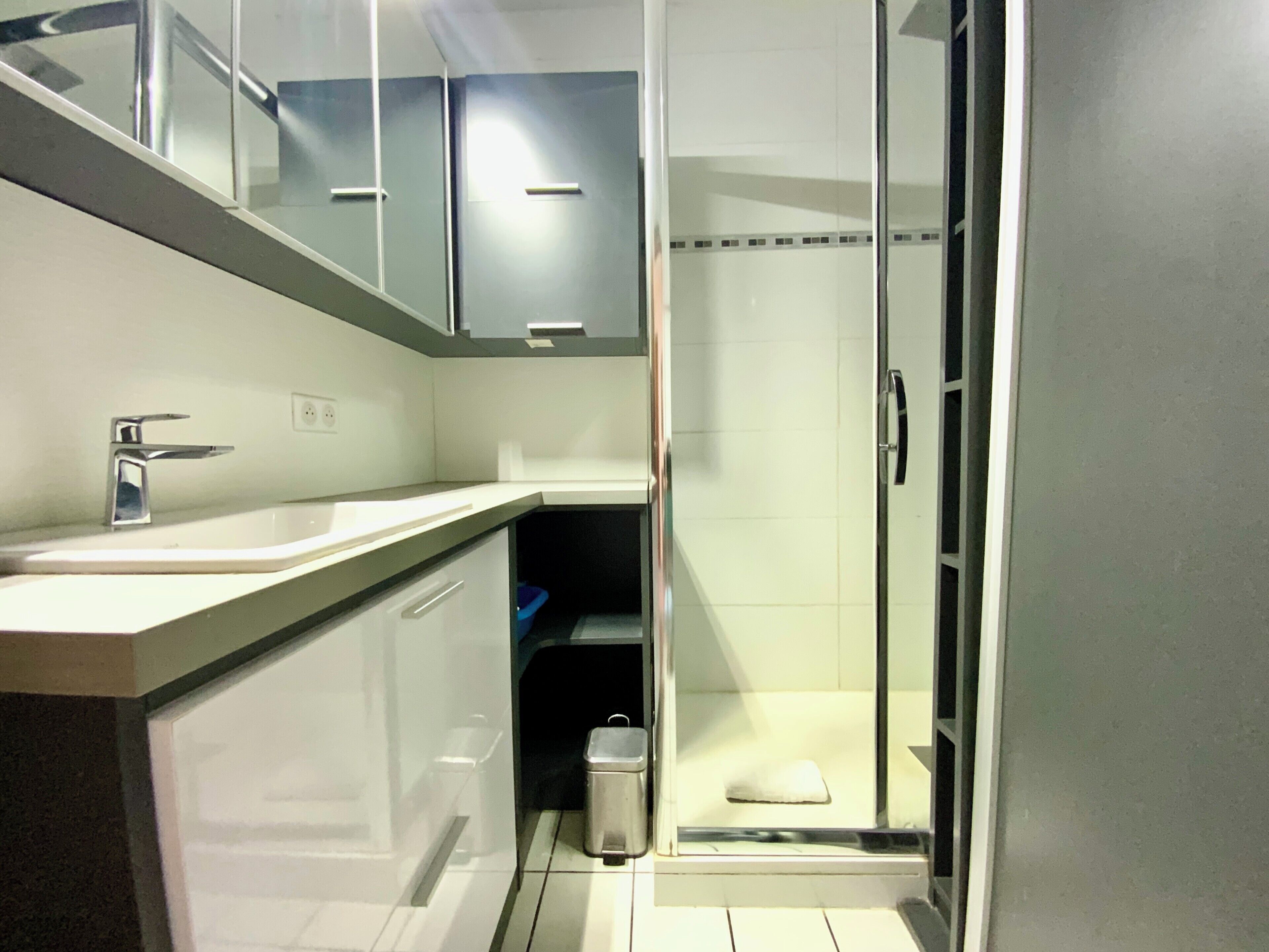 Ein modernes Badezimmer mit Waschbecken, Spiegel, Schränken und einer Duschkabine.