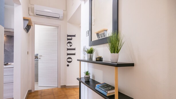Un couloir avec une console noire sur laquelle sont posés des livres, une plante en pot et un petit objet décoratif. Un grand miroir est accroché au-dessus de la console et reflète une partie de la pièce.