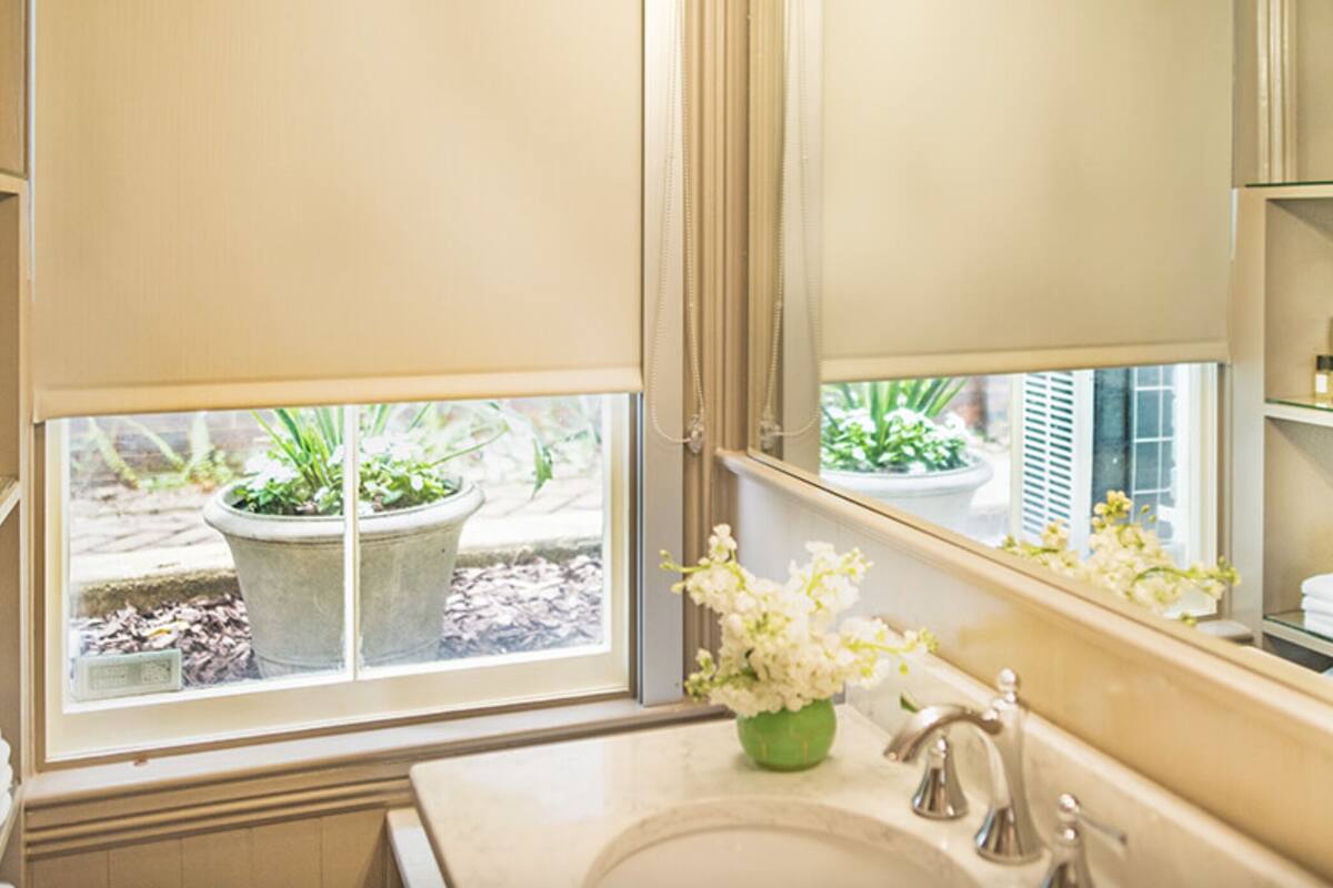 A bathroom with a sink, mirror, and window with potted plants.