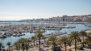 Un puerto deportivo lleno de barcos, con el perfil urbano de una ciudad al fondo y palmeras en primer plano.