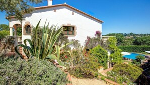 A white villa with a pool, surrounded by lush greenery and various plants.