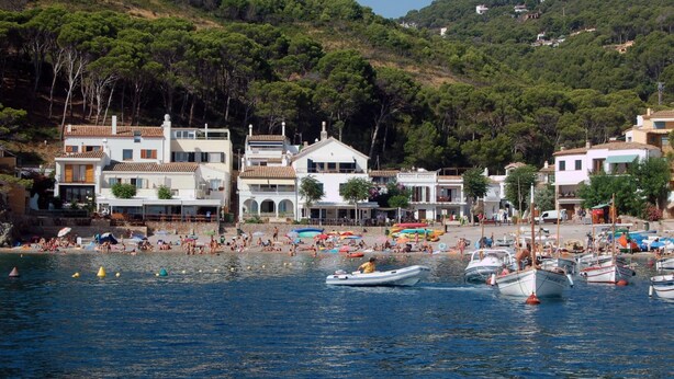 A coastal area with buildings, a beach, and boats.