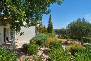 Stroll through the beautifully landscaped garden, featuring a variety of plants and a seating area with a chair and table.