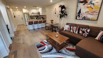 Smart TV, fireplace, books