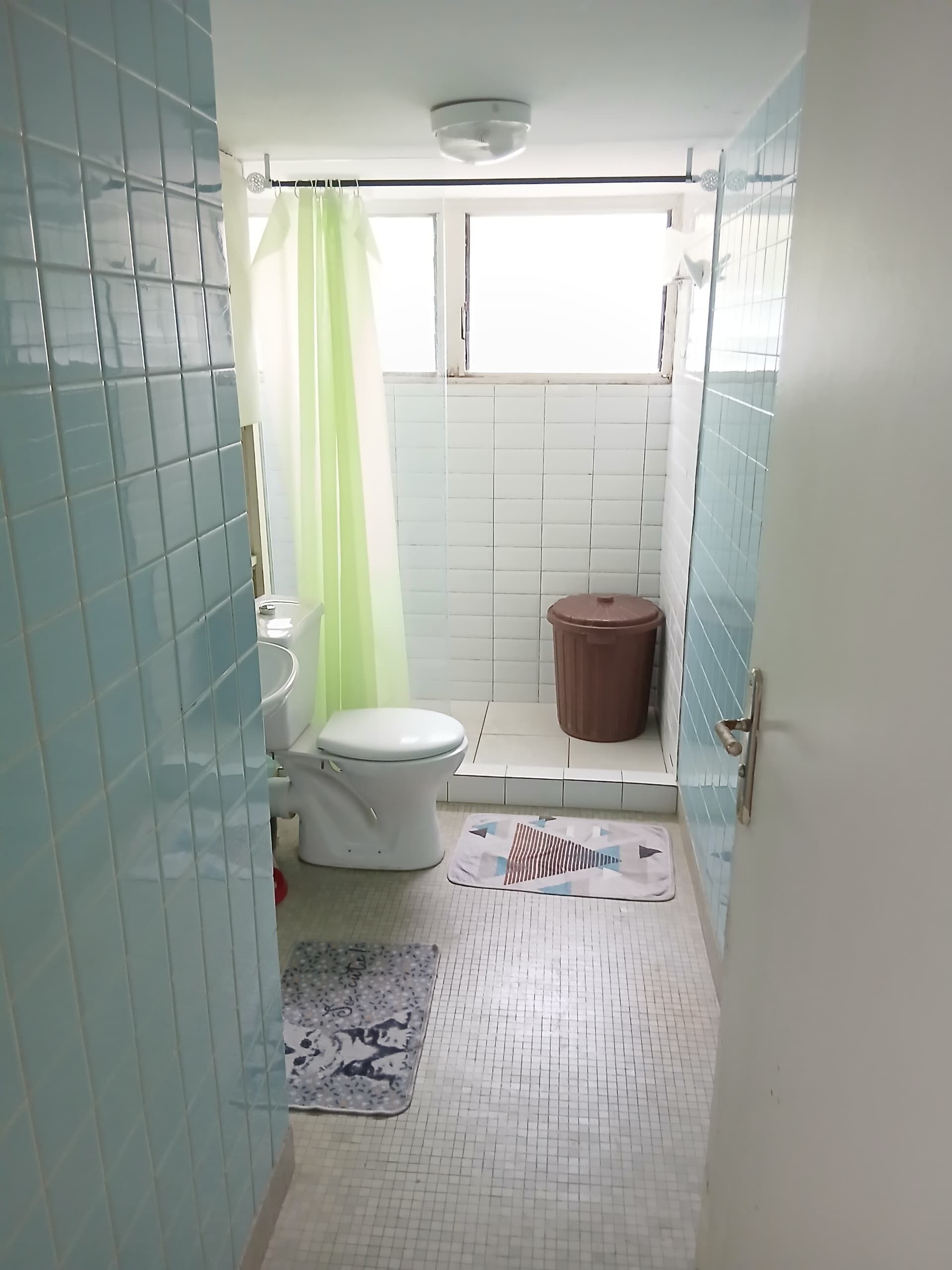 A small bathroom with a toilet, a trash bin, and a shower curtain.