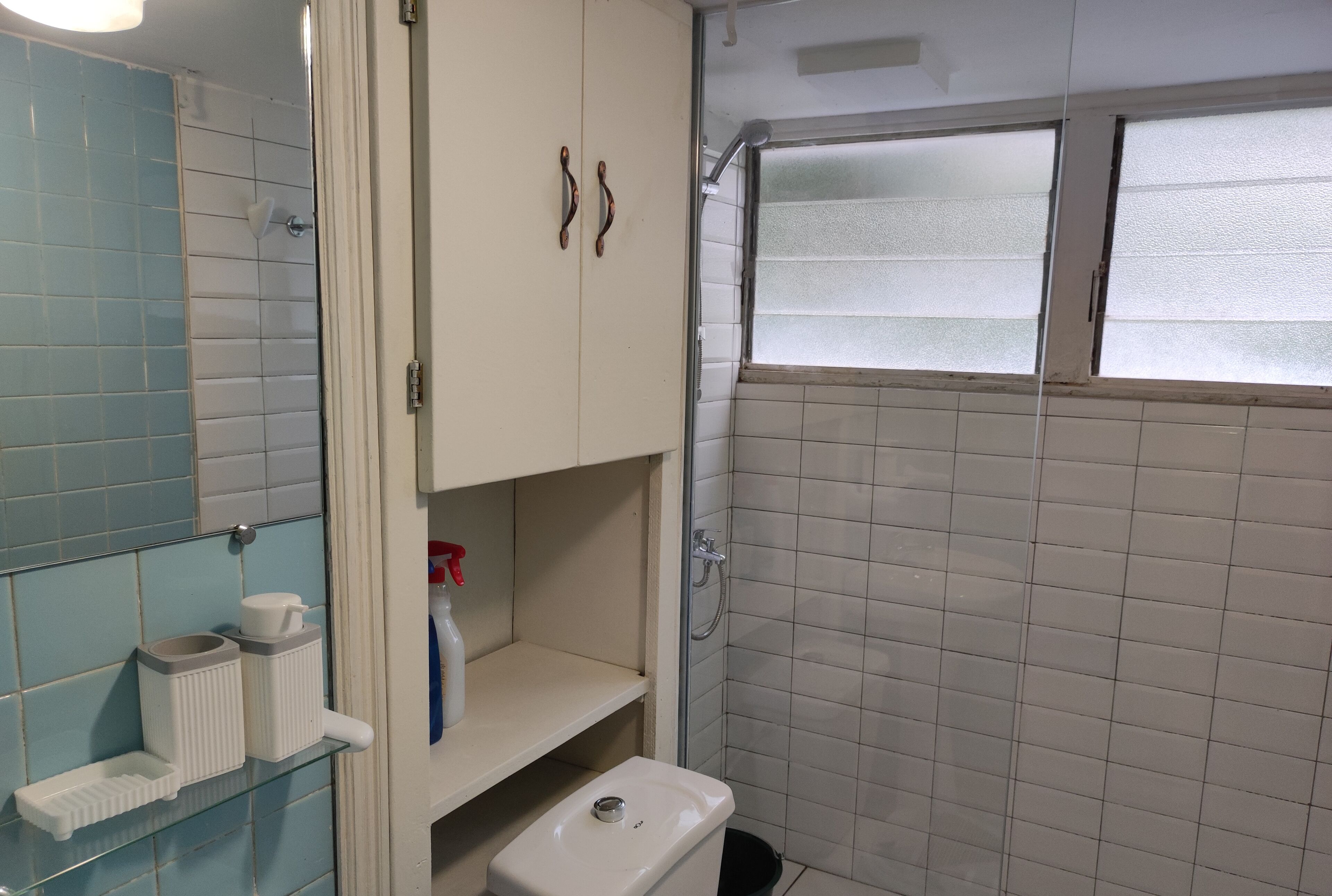 A bathroom with a toilet, a glass shelf with toiletries, a cabinet, and a shower area with frosted glass doors.