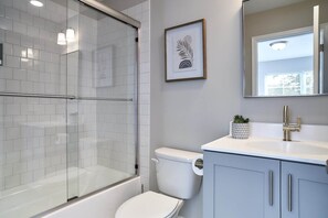 Hair dryer, towels, soap, shampoo
