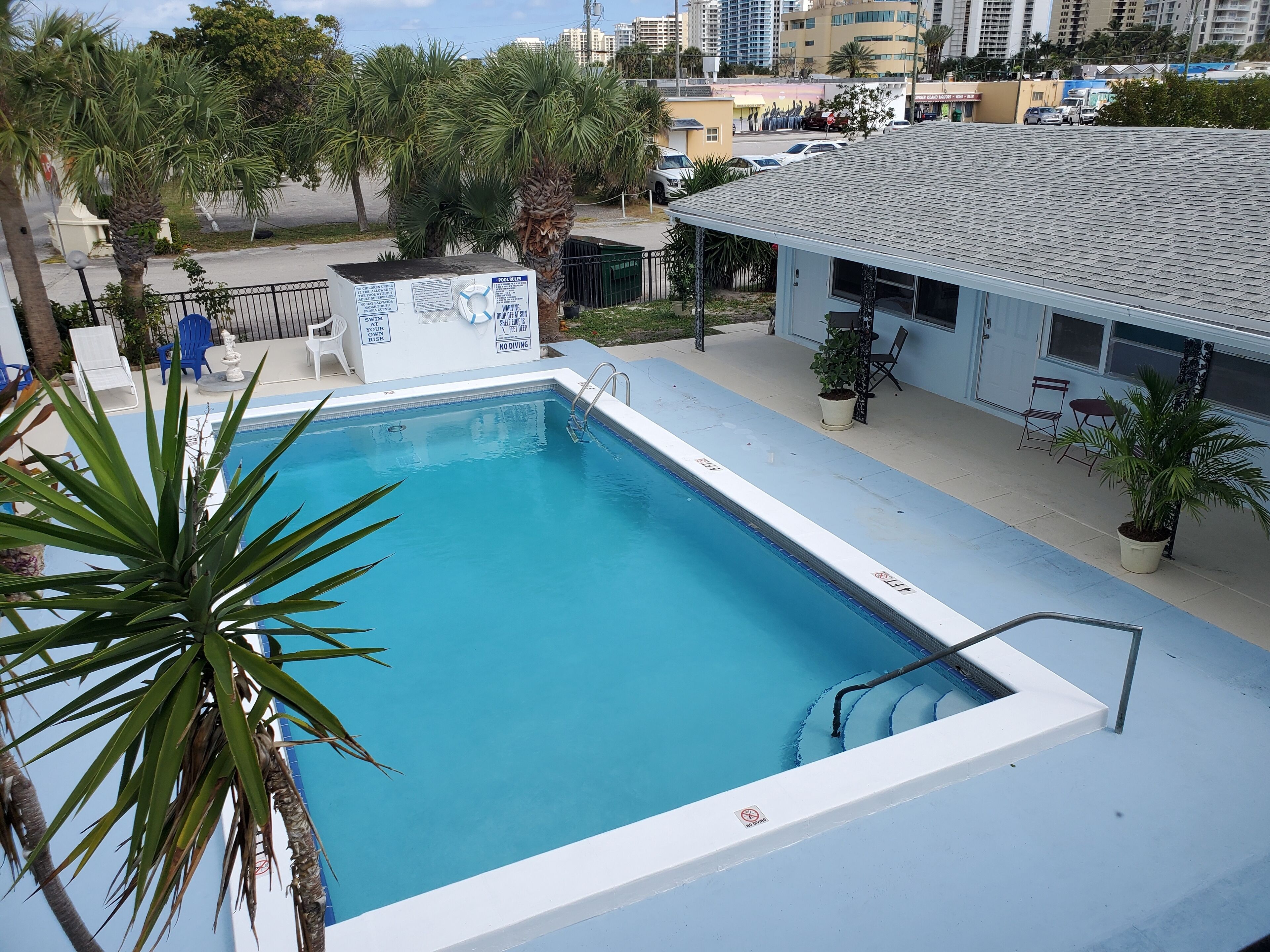 Una piscina con un letrero que prohíbe los clavados, rodeada de palmeras y un edificio con terraza.