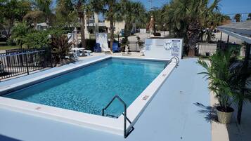 A rectangular swimming pool with a white deck, surrounded by palm trees and a fence.