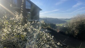 A two-story house with a balcony, surrounded by blooming trees and a view of a valley. - Traumaussicht, Traumwanderungen, Viel zu Entdecken und Richtig Viel Platz!! (Daun)