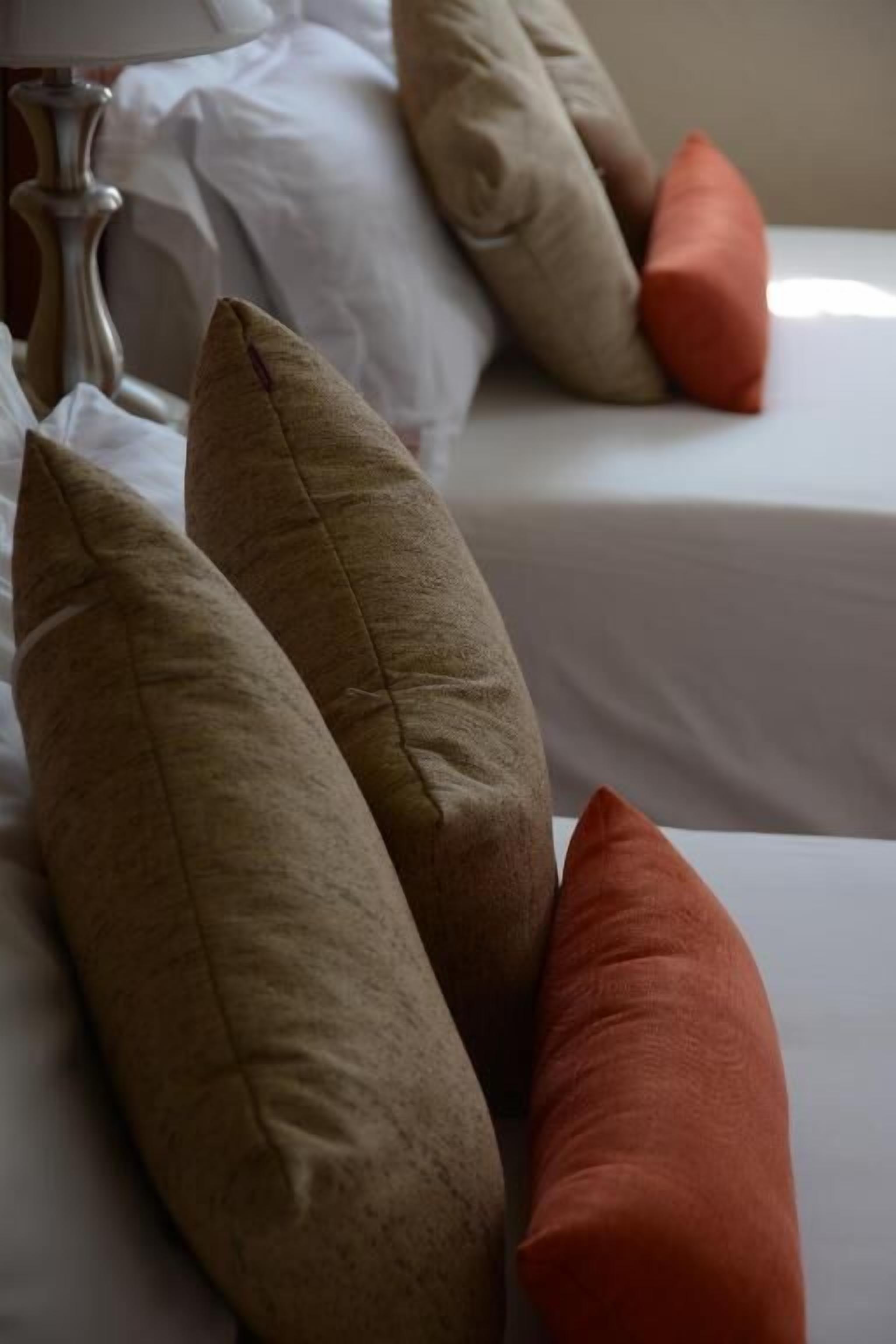 Una cama con varias almohadas, una lámpara de noche y una pared blanca al fondo.