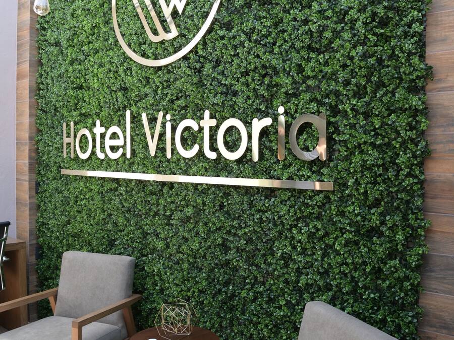 Un rebedor d'hotel modern amb una paret verda, un logotip i el nom 'Hotel Victoria'. Hi ha dos seients de color gris i una taula rodona petita amb una revista i un objecte decoratiu.