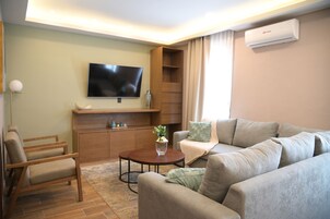 Comfort Apartment | Living area | 55-inch LED TV with cable channels, TV