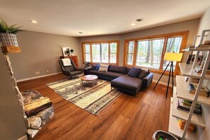 Smart TV, fireplace, books