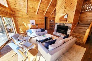 Smart TV, fireplace, books