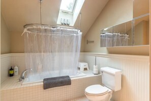 Hair dryer, towels, soap, shampoo
