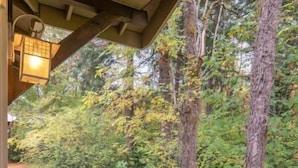 Une terrasse en bois dotée d’une rambarde, offrant une vue sur une zone boisée avec de grands arbres et un feuillage dense.