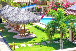 Un área junto a la piscina con sombrillas de paja, sillas de descanso y una palmera.