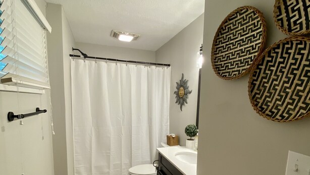 Een badkamer met toilet, douchegordijn, wastafel en decoratieve wandkunst.