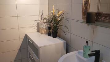 Shower, hair dryer, towels, soap