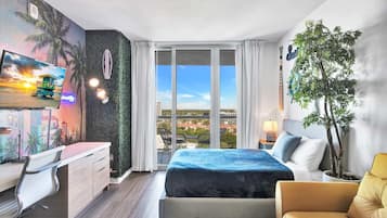 1 chambre, bureau, fer et planche à repasser, lit parapluie