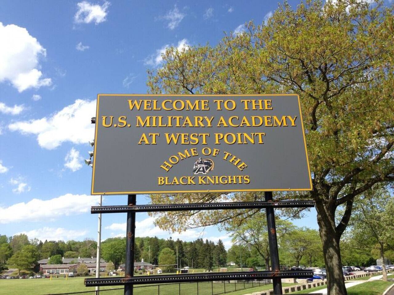A welcome sign for the U.S. Military Academy at West Point.