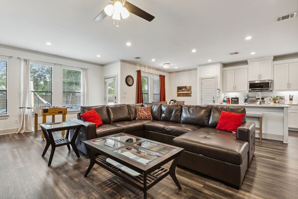 Smart TV, fireplace, table football, books