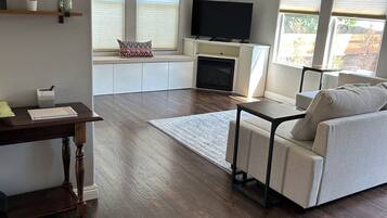 Smart TV, fireplace, DVD player, music library