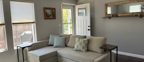 Smart TV, fireplace, DVD player, music library