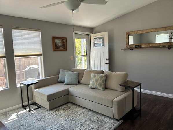 Smart TV, fireplace, DVD player, music library