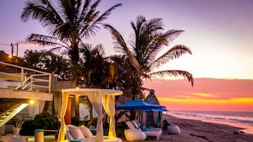 Private beach, white sand, sun loungers, beach umbrellas