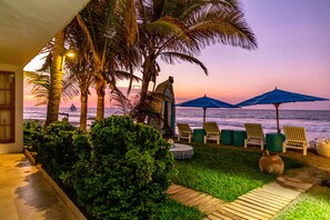 Private beach, white sand, sun loungers, beach umbrellas