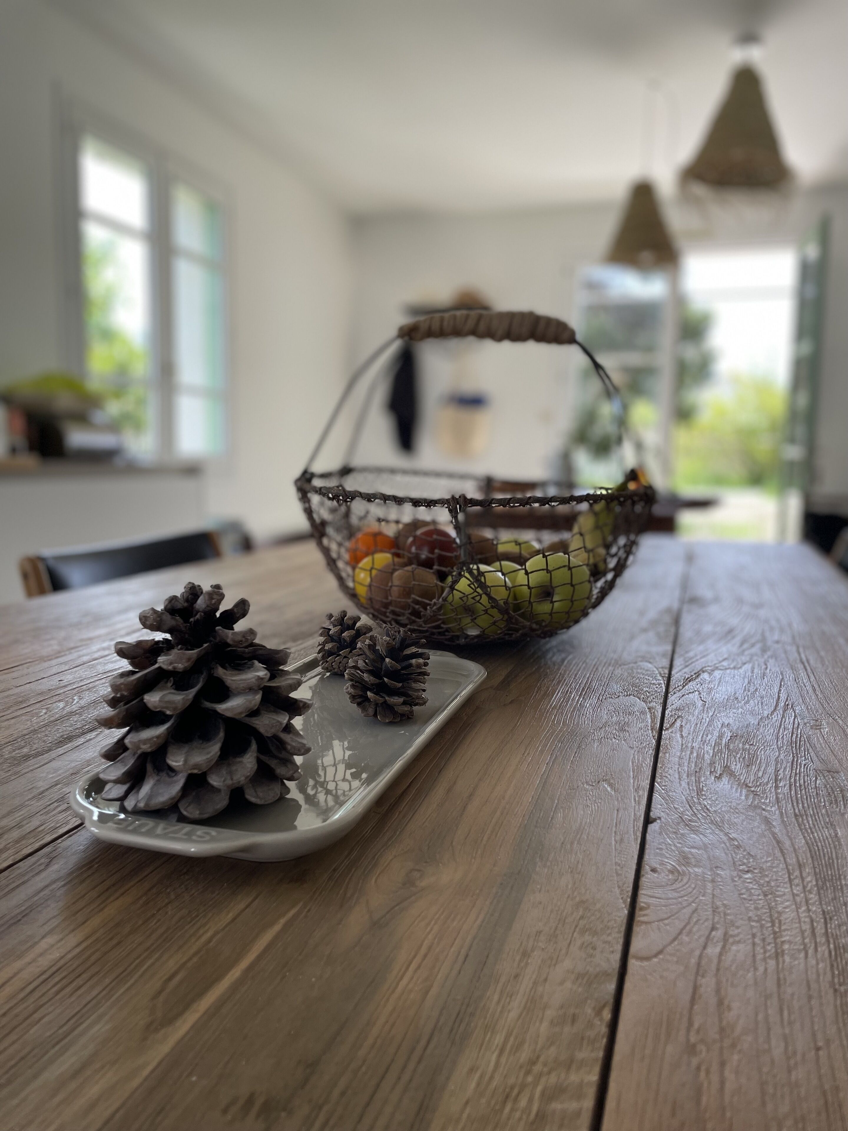 Une table en bois sur laquelle se trouve un panier en métal contenant des fruits et des pommes de pin, ainsi qu’une assiette remplie de pommes de pin.