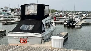 A boat docked at a marina with multiple boats in the background. - Reef Point Marina - Vessel: "Freckled Fin" - East Dock 1, Slip 19 (Racine)