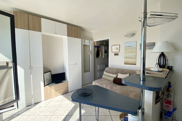 A modern, well-lit room with a kitchenette, a seating area with a sofa and pillows, a TV, and a window.