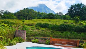 A swimming pool with a curved edge, surrounded by lush greenery and a stone wall. - Confort Arenal (La Fortuna)